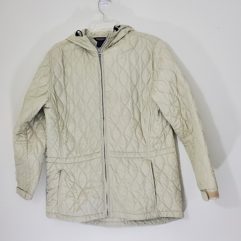Woolrich Cream Quilted Hooded Jacket, Size Large